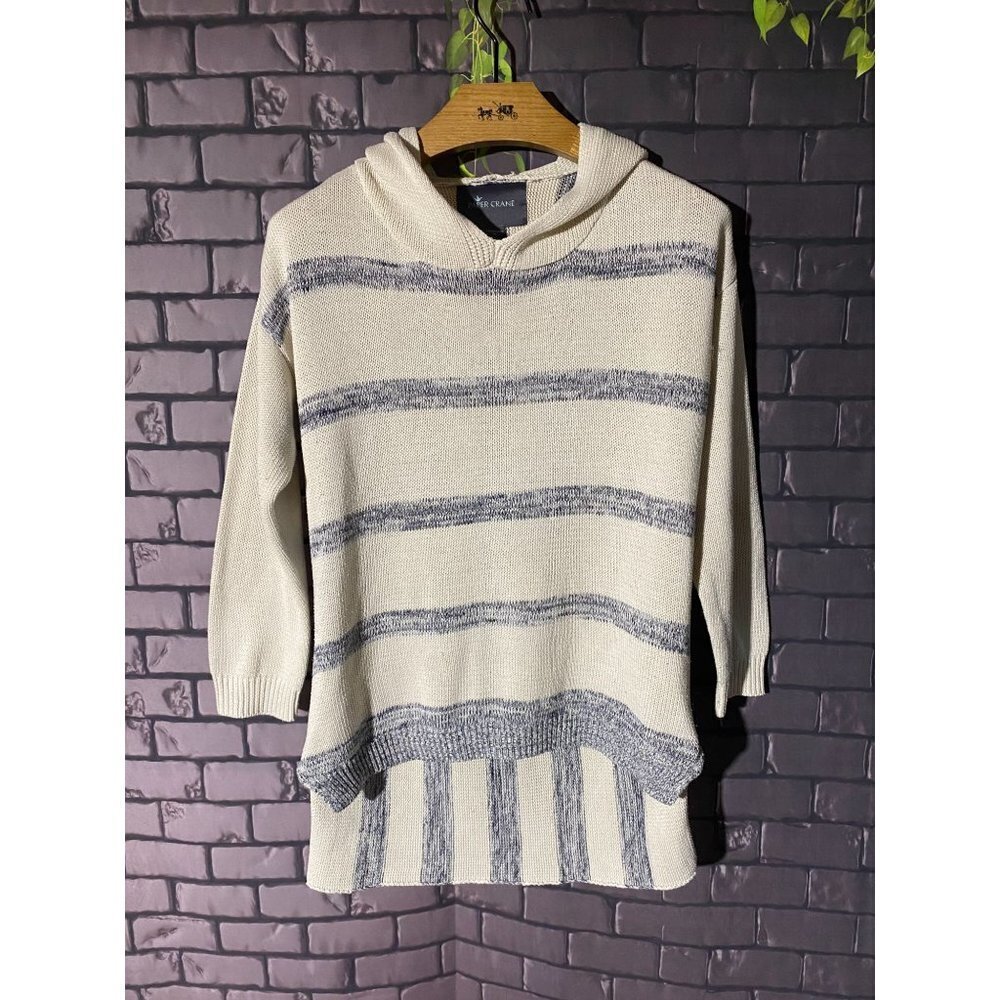 Paper Crane & Anthropologie Striped Cream and Navy Hooded Sweater M